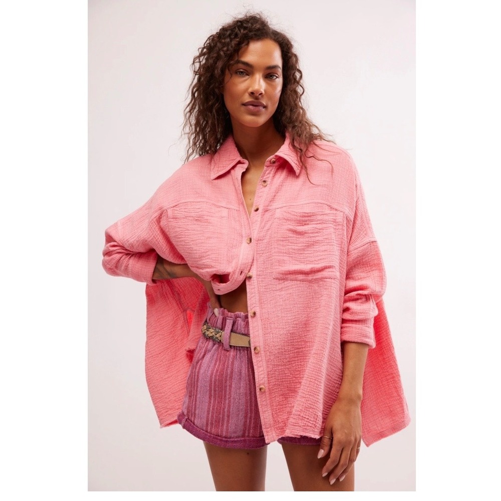 Free People We The Free Summer Daydream Button Down Gauze Pink Medium oversized